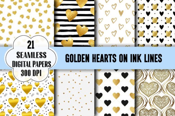Golden Hearts on Ink Lines Pattern