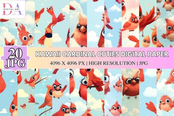 Kawaii Cardinal Cuties Digital Paper