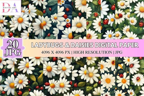 Ladybugs Daisies Digital Paper